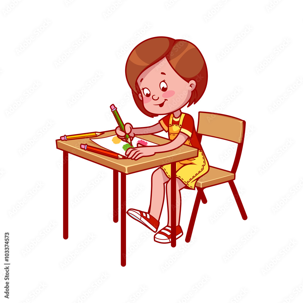 School girl at a school desk drawing with crayons.