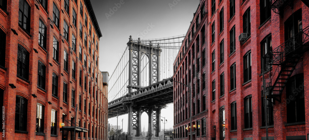 Manhattan Bridge from Washington Street, Brooklyn - obrazy, fototapety, plakaty 