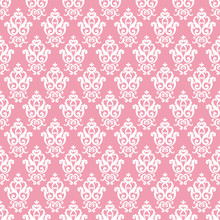 Seamless Damask Pattern. Pink Texture In Vintage Rich Royal Style. Vector Illustration. Can Use As Background For Birthday Card, Wedding Invitation, Textile Print, Wallpapers, Wrapping Paper