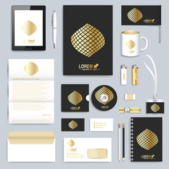 Aufkleber - Set of vector corporate identity template. Modern business stationery mock-up. Black branding design. Gold shape