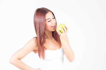 Wall Mural - Beautiful woman bites apple. Healthy lifestyle.