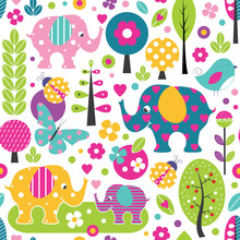 Cute Elephants, Ladybugs, Butterflies And Birds In A Colorful Forest Pattern
