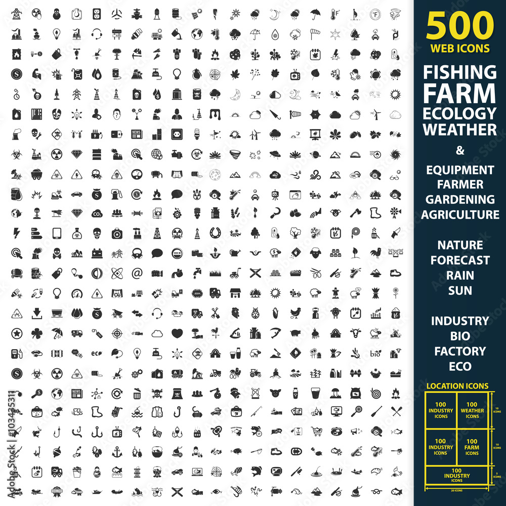Fishing, farm, ecology set 500 black simple icons. Equipment, farmer, gardening icon design for web and mobile. - obrazy, fototapety, plakaty 