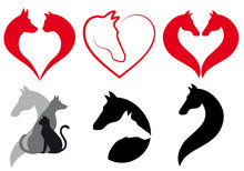 Cat, Dog, Horse Heart, Vector Set