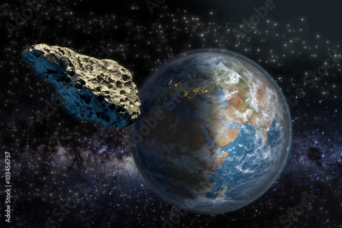 Plakat Asteroida na kursie kolizyjnym z Ziemią.