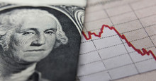 Stock Market Graph Next To A 1 Dollar Bill (showing Former President Washington). Red Trend Line Indicates The Stock Market Recession Period