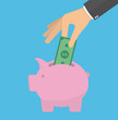 © nlszekely - Hand putting or inserting money bill into the piggy bank. Saving money concept. flat style