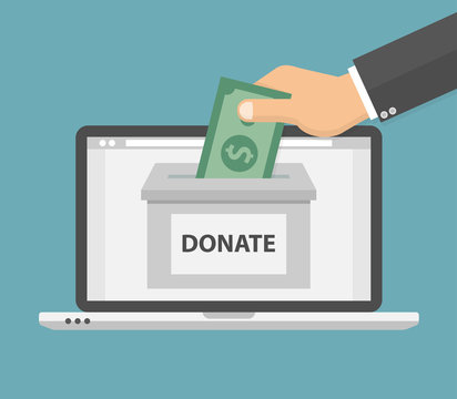Donate online concept. Hand putting money bill in to the donation box on a laptop PC display. Flat style