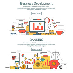 Wall Mural - business development and banking banner concepts in linear style design. thin line vector illustrati