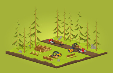 Wall Mural - Lumber stock. Logs loading on trucks. 3D lowpoly isometric vector concept illustration suitable for advertising and promotion