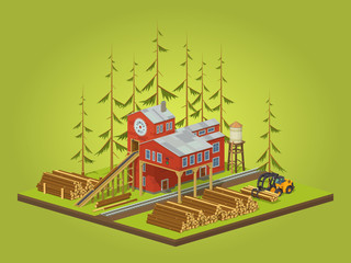 Wall Mural - Lumber mill. Sawmill building. 3D lowpoly isometric vector concept illustration suitable for advertising and promotion