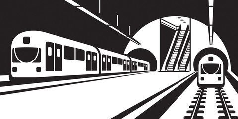 Platform of subway station with trains - vector illustration