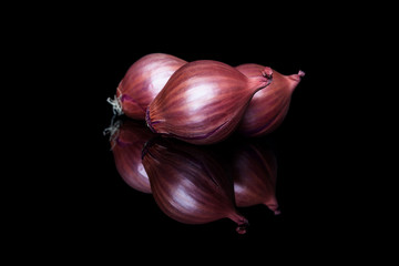 Three shallot onions with shell on black background with reflection from side