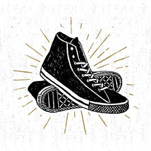 Hand Drawn Textured Vintage Icon With Sneakers Vector Illustration.