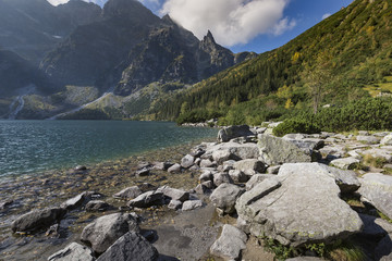 Green water mountain lake Morskie Oko, Tatra Mountains, Poland