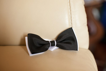 beautiful elegant classic  black and white bowtie on the backgro