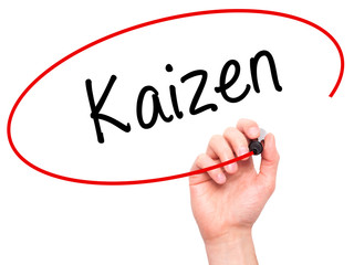 Man Hand writing Kaizen with black marker on visual screen