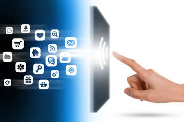 human finger touching a mobile device touchpad