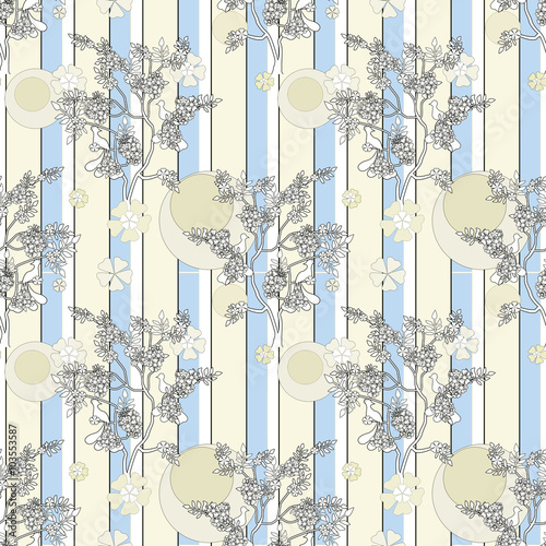 Naklejka na szybę Chinese tree with birds seamless pattern striped background