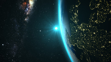 Wall Mural - planet earth with a spectacular sunset, view on europe and africa, with milkyway in background.