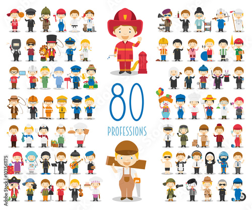 Cuadros en Lienzo Kids Vector Characters Collection: Set of 80 different professions in cartoon style