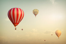 Hot Air Balloon On Sun Sky With Cloud, Vintage And Retro Filter Effect Style