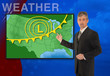 A tv television news weather meteorologist anchorman is reporting with a colorful background and weather graphics on the monitor screen