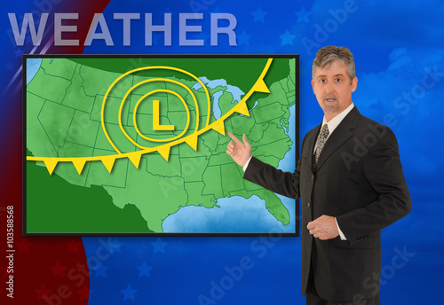 A Tv Television News Weather Meteorologist Anchorman Is Reporting With A Colorful Background And Weather Graphics On The Monitor Screen Stock Photo Adobe Stock