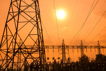 Silhouette of high voltage power lines