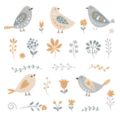 Wall Mural - set of graphic floral elements and birds