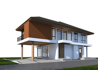 Poster - 3D render of tropical house with clipping path.