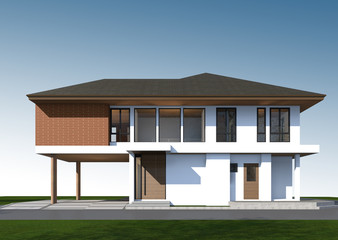 Fototapete - 3D render of tropical house with clipping path.