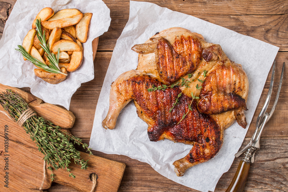 Grilled fried roast Chicken tobacco Stock Photo