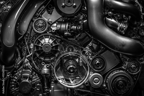 Engine. Close-up. Black and white. Obraz na płótnie