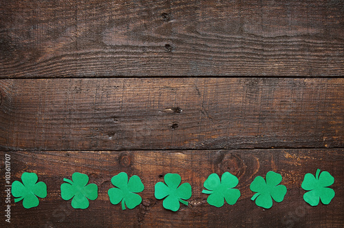 Paper Green Clover Shamrock Leaf Border On Dark Wooden Background