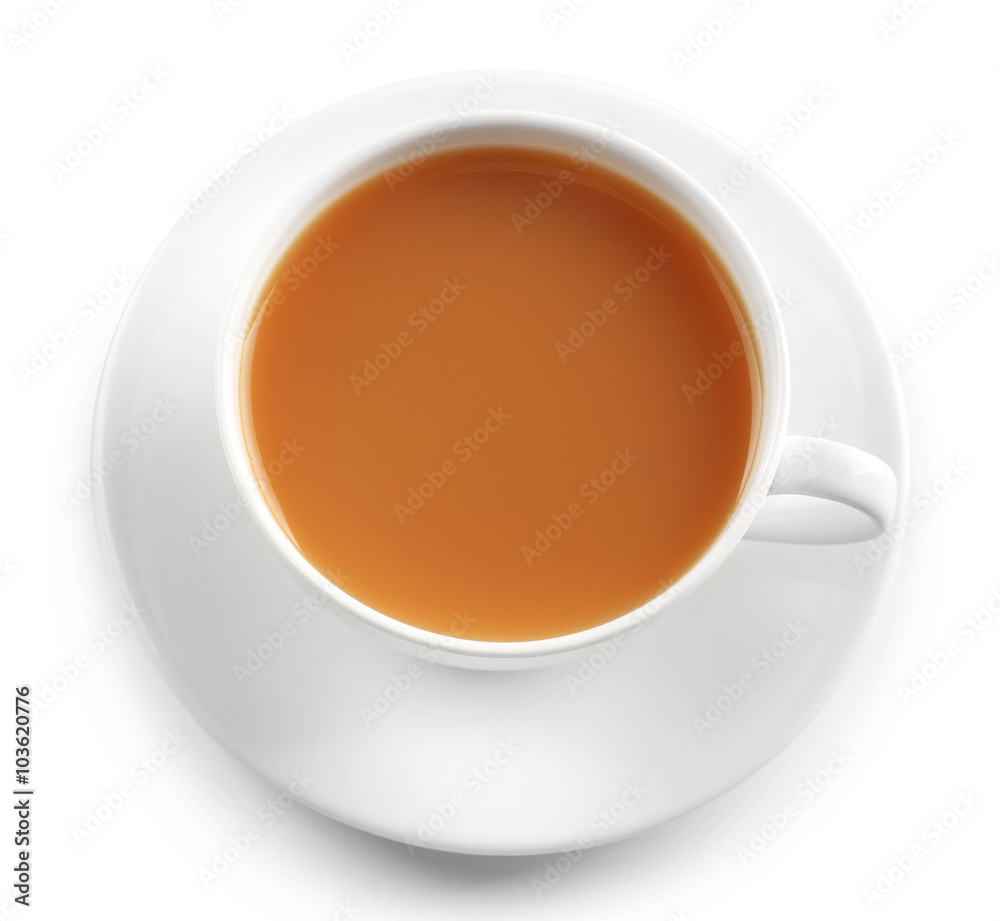 Porcelain cup of tea with milk isolated on white background