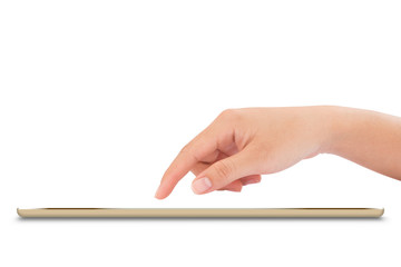 Poster - female hand touching on mock up tablet isolated with clipping pa