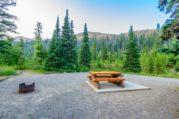 a picnic table in manning park, british columbia, canada.