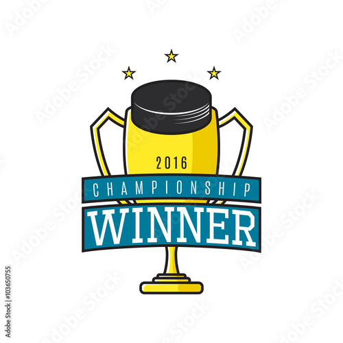 Vector label of hockey winner. Logo of championship winner with golden