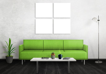 Wall Mural - Isolated wall art canvas. Sofa, lamp, plant, glasses, book, coffee on table in room interior. 