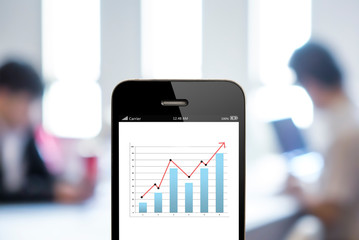 Poster - close up mobile phone with analyzing graph,planing,business succ