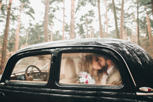 Gorgeous Newlywed Bride And Groom Posing In Pine Forest Near Retro Car In Their Wedding Day