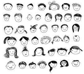 Wall Mural - Group of sketch kids face set