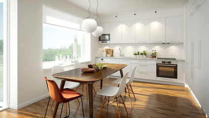 3D rendering of a modern light colored kitchen