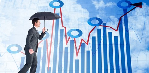 Poster - composite image of businessman sheltering under black umbrella