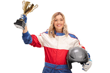 Poster - Female car racing champion holding a trophy