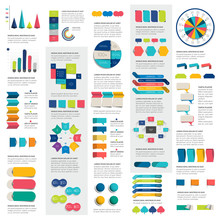 Mega Set Of Infographics Elements Charts, Graphs, Circle Charts, Diagrams, Speech Bubbles. Flat And 3D Design. Vector.