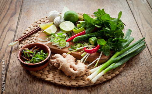 Cuadros en Lienzo asian food cooking board ingredients lime chili