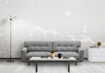 Poster - Living room interior with sofa, lamp and cabinet. Free space on wall for picture or text.