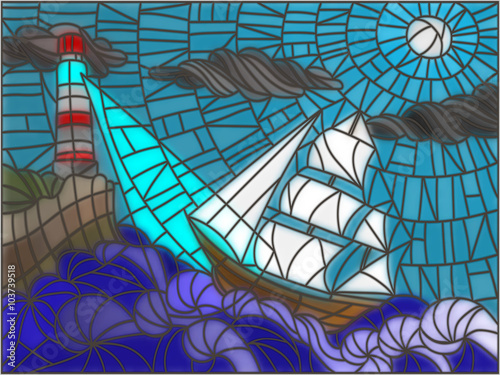 Fototapeta na wymiar Illustration in stained glass style with sailboat and lighthouse against the sky and the sea